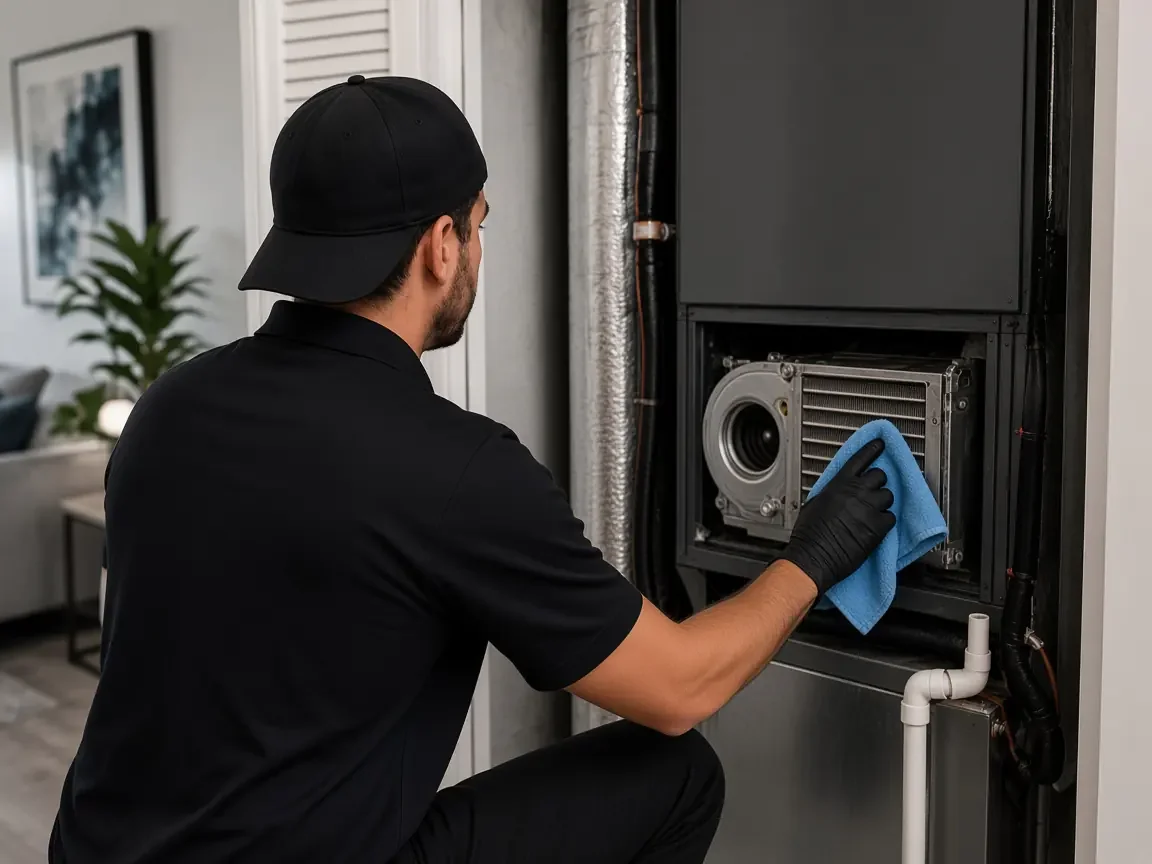 Technician cleaning the inside of an open air handler