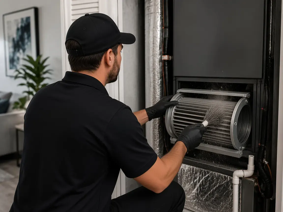 Technician brushing dust off a blower wheel