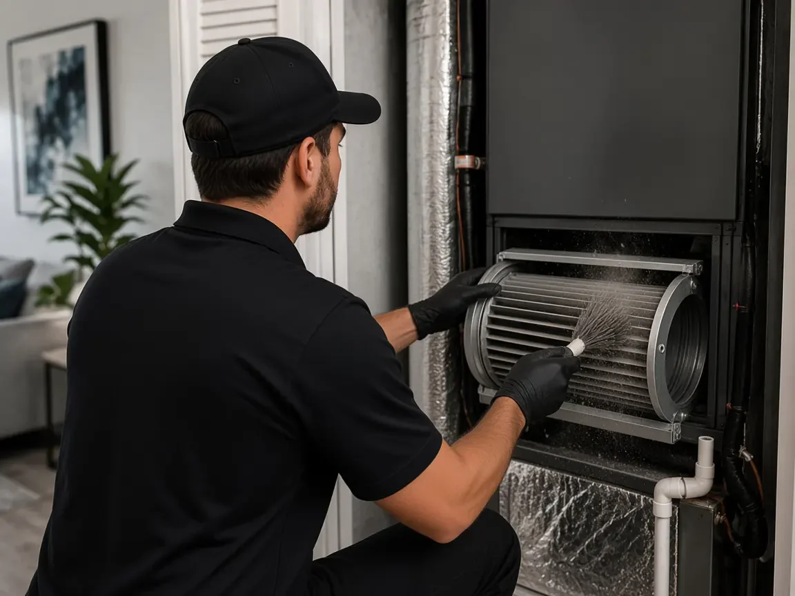Technician brushing dust off a blower wheel