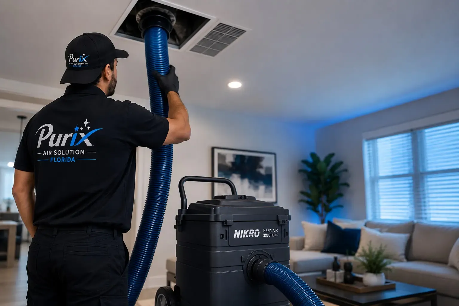 Purix technician connecting a cleaning hose to a ceiling supply vent