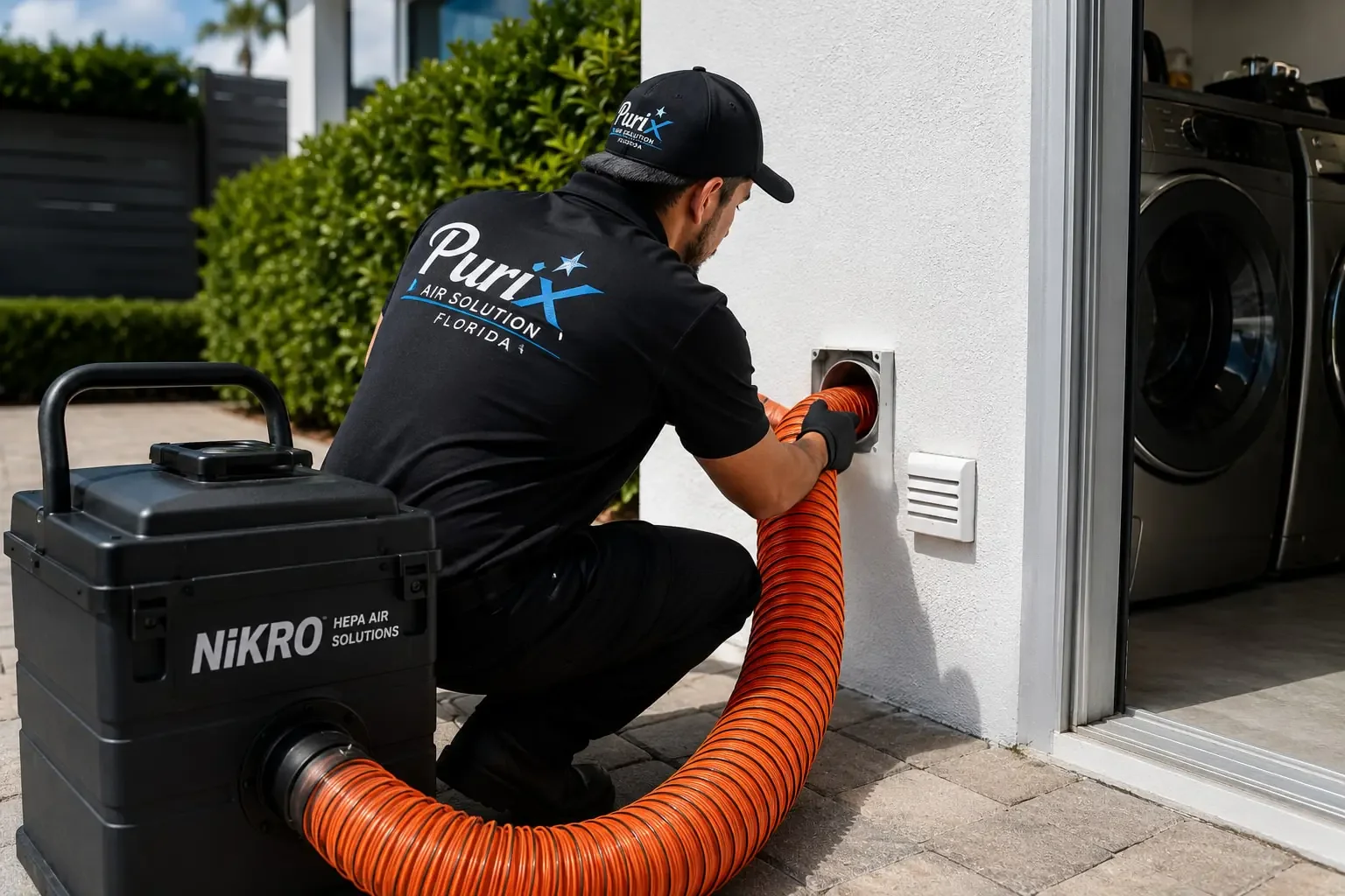 Purix technician cleaning a dryer vent connection in a laundry area