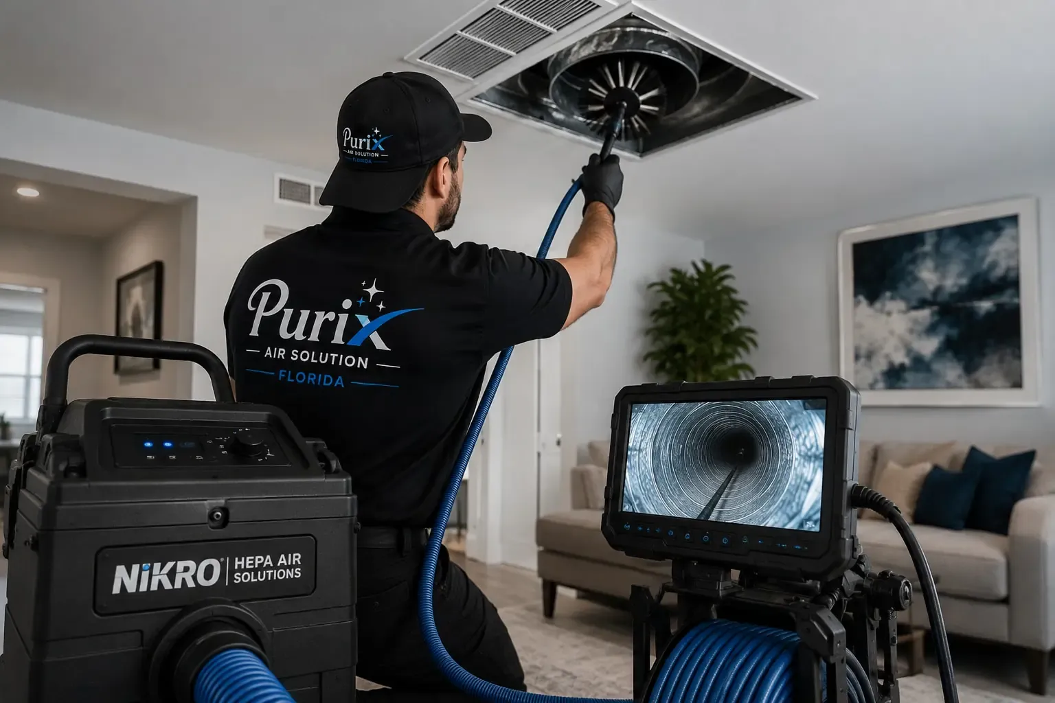 Purix technician inspecting a ceiling duct with a camera and monitor