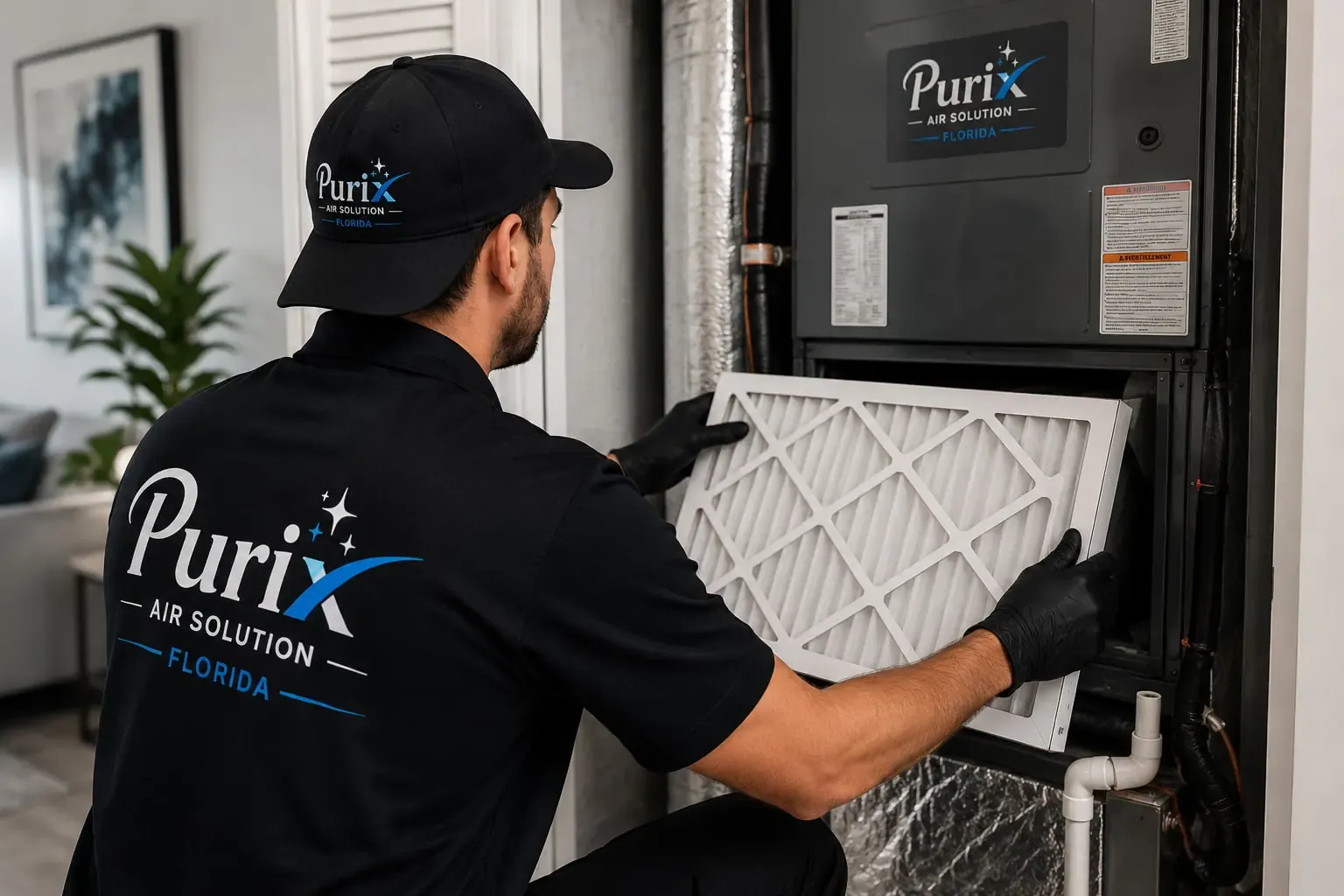 Purix technician replacing the air filter in an air handler