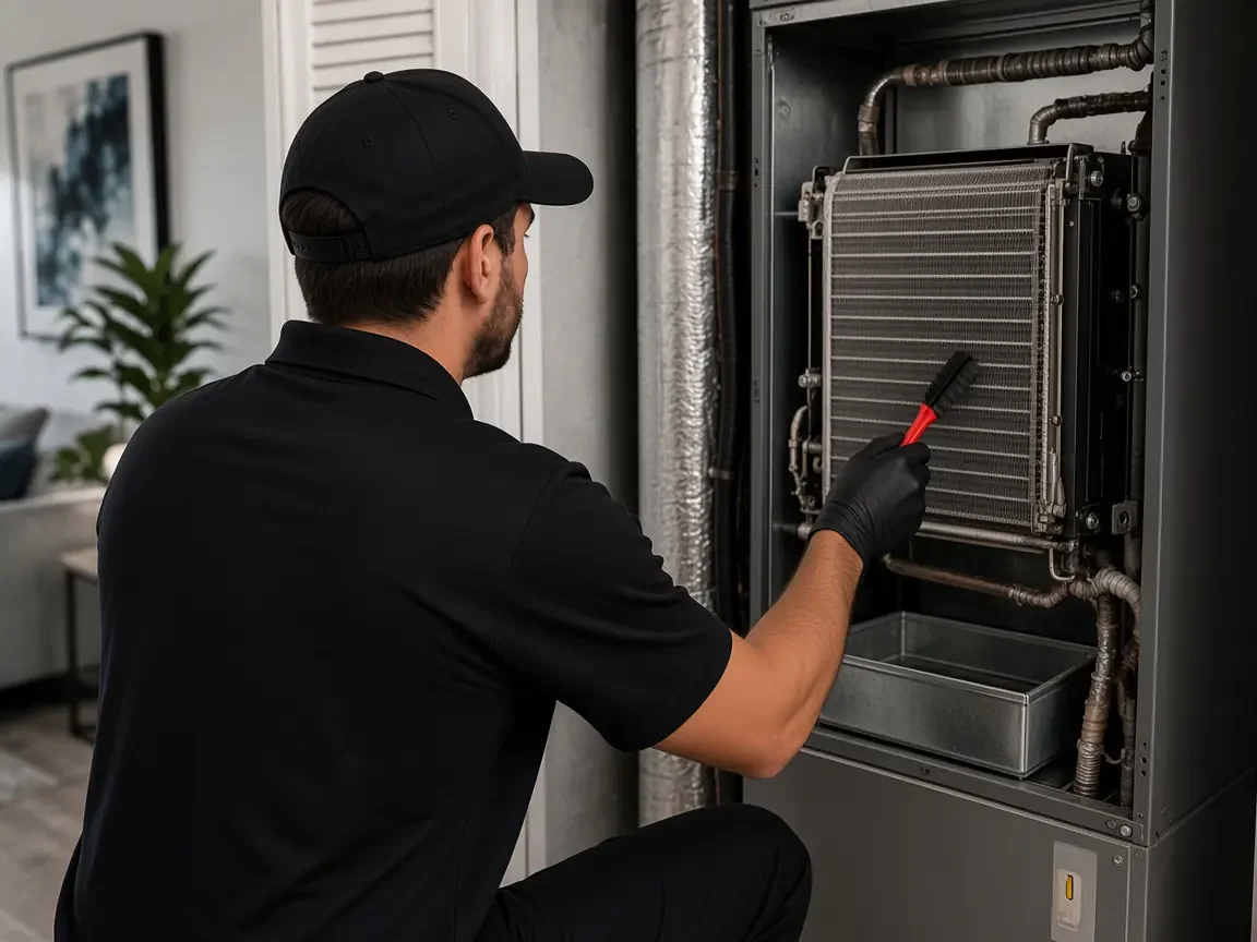 Technician cleaning an evaporator coil inside an open air handler