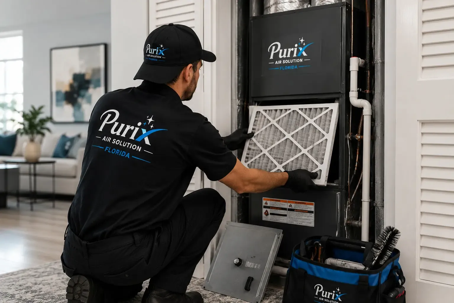 Purix technician installing a clean air filter during an HVAC service