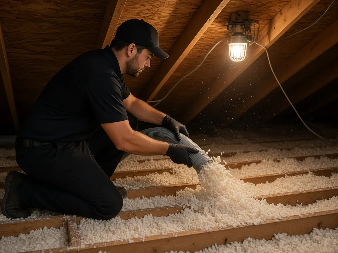 Technician blowing new insulation between attic joists