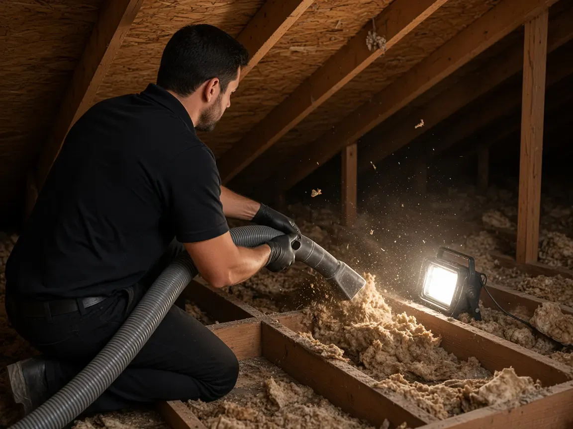 Technician vacuuming old insulation out of an attic