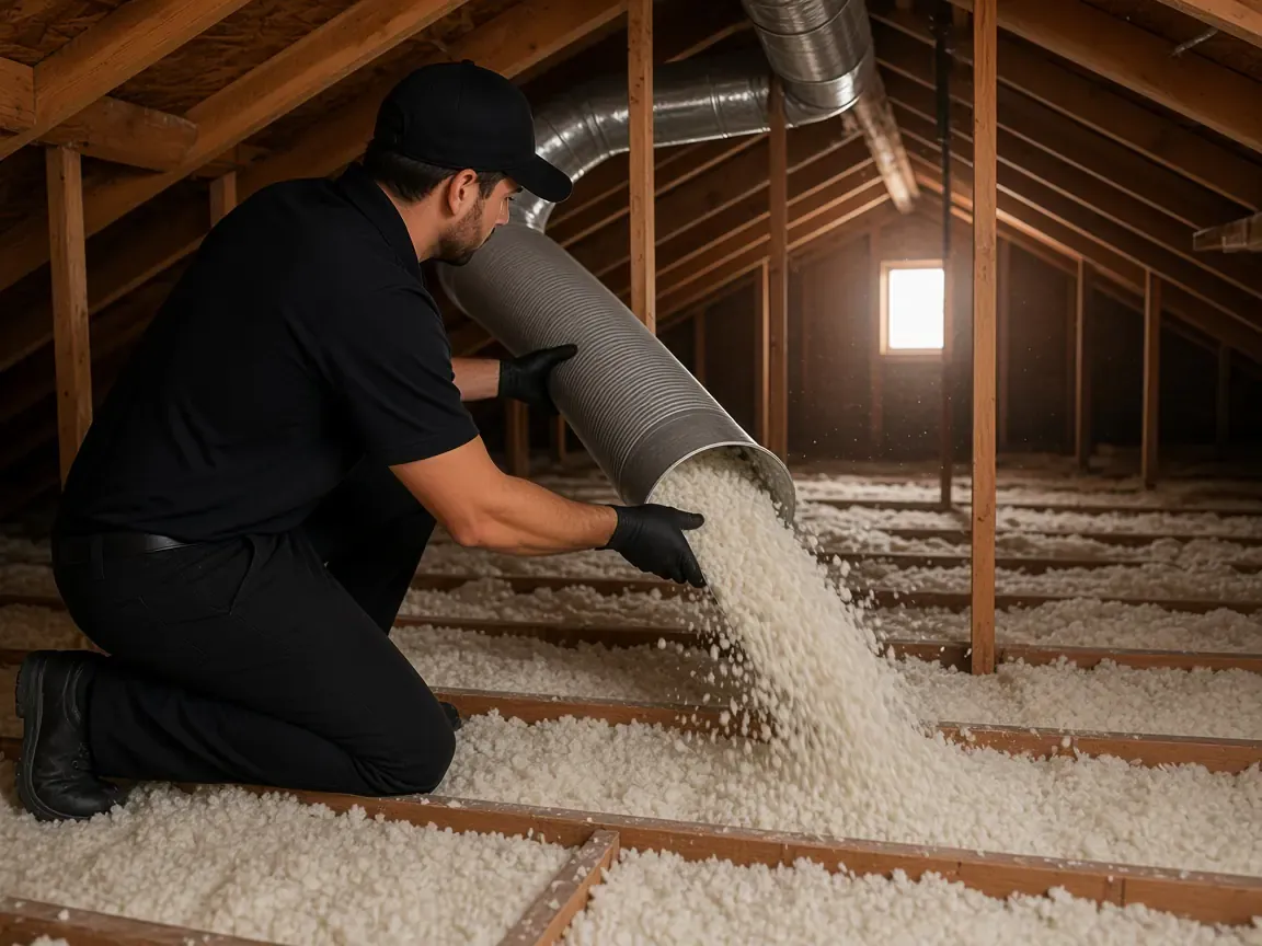 Technician installing new attic insulation