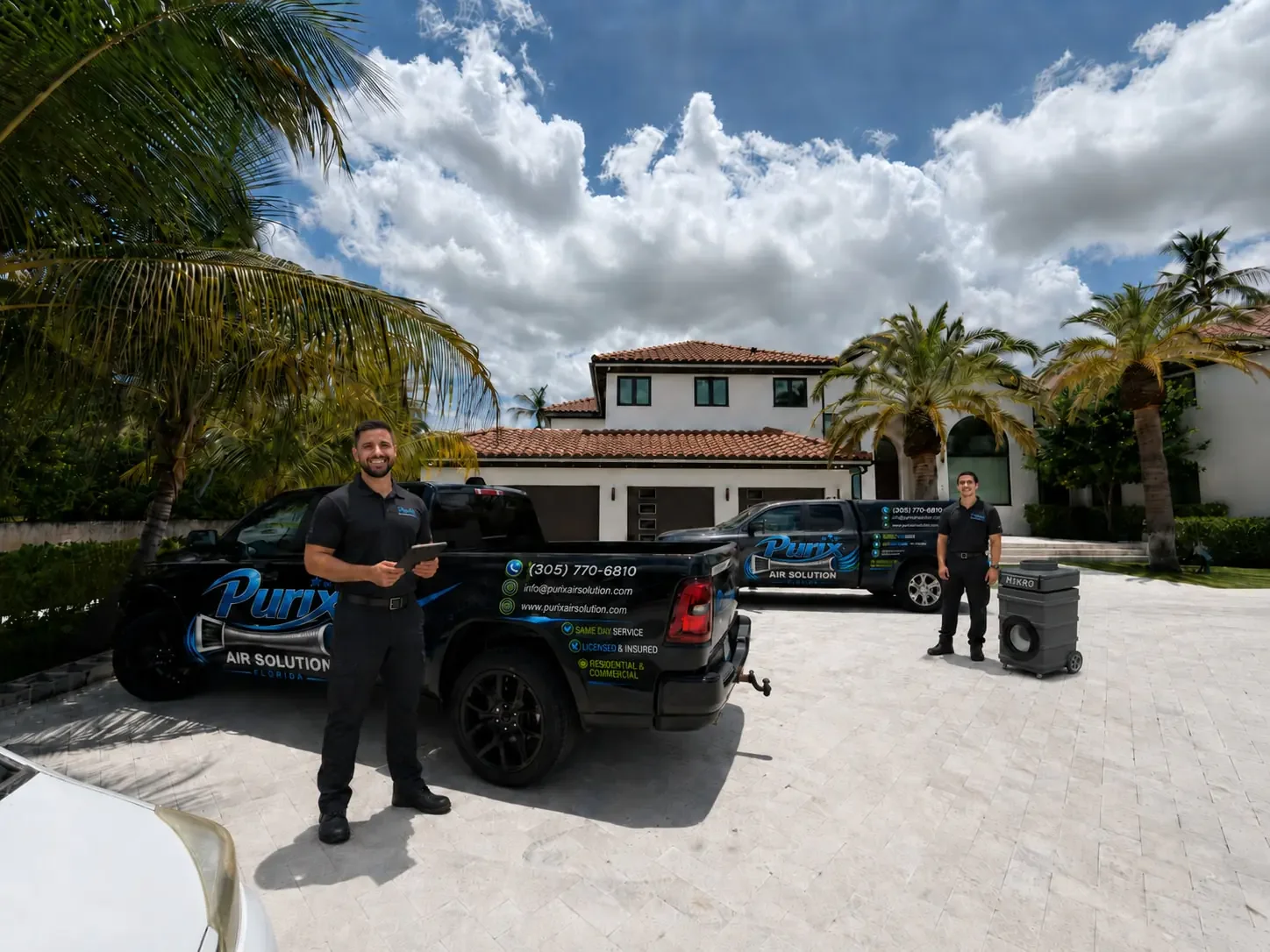 Purix technicians with service trucks at a South Florida home