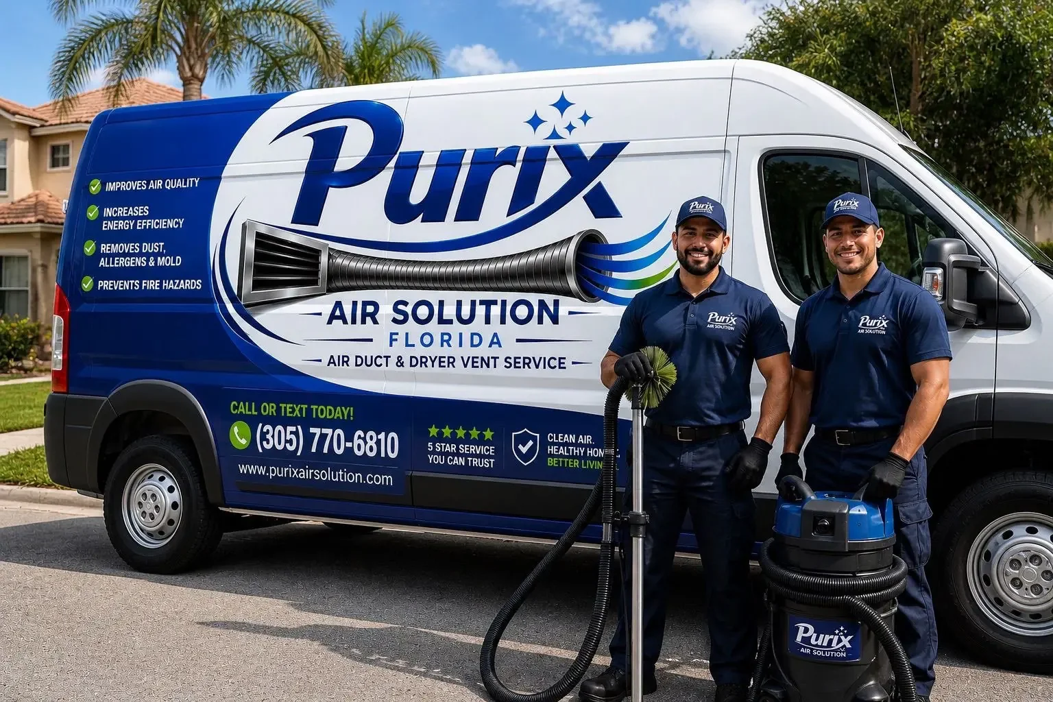 Two Purix technicians with duct cleaning equipment beside the service van