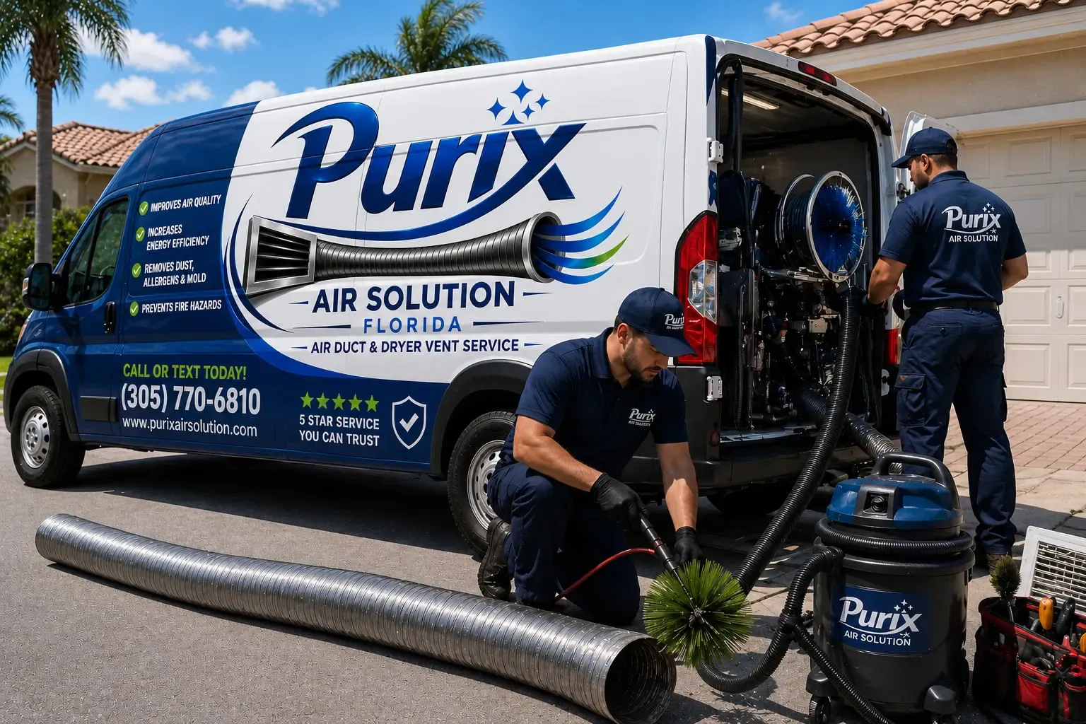 Purix crew cleaning a dryer vent duct beside the service van