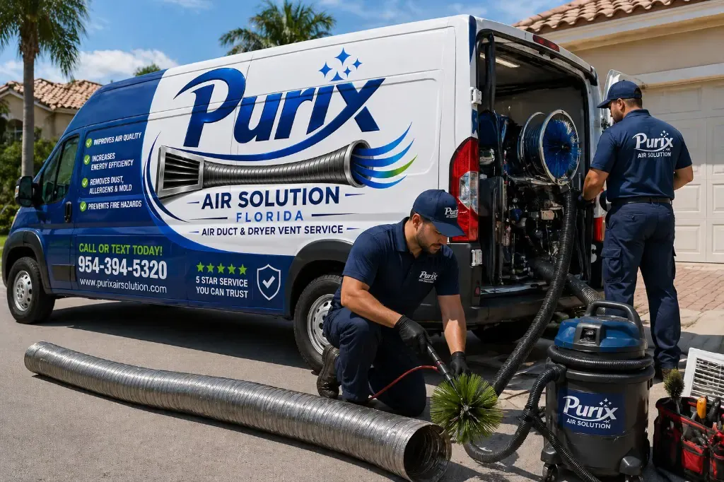 Purix technicians preparing duct cleaning equipment beside the open service van